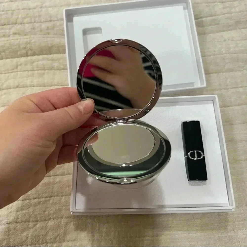DIOR Silver Cannage Metal Double Sided Mirror and Lipstick Set